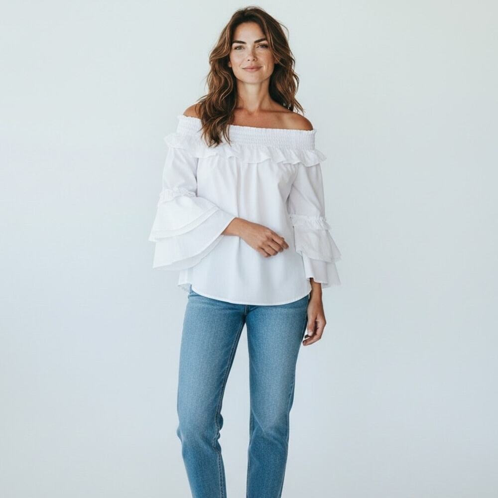 Sara Campbell Ruffled Off Shoulder Blouse Women's Sz XS Off White Peasant Boho